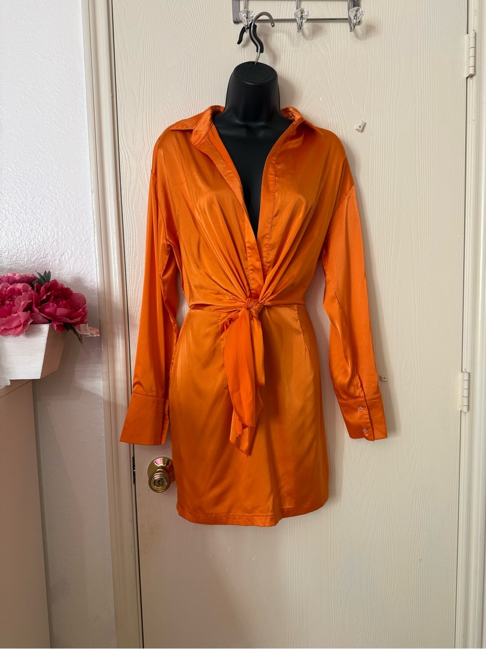 Women's Orange Tie-Front Shirt Dress - Picture 1 of 4